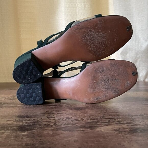 VIntage 1970s Delman Shoes Womens Sandal Sz 7 Green Suede Leather Open Toe Heel - Picture 6 of 8